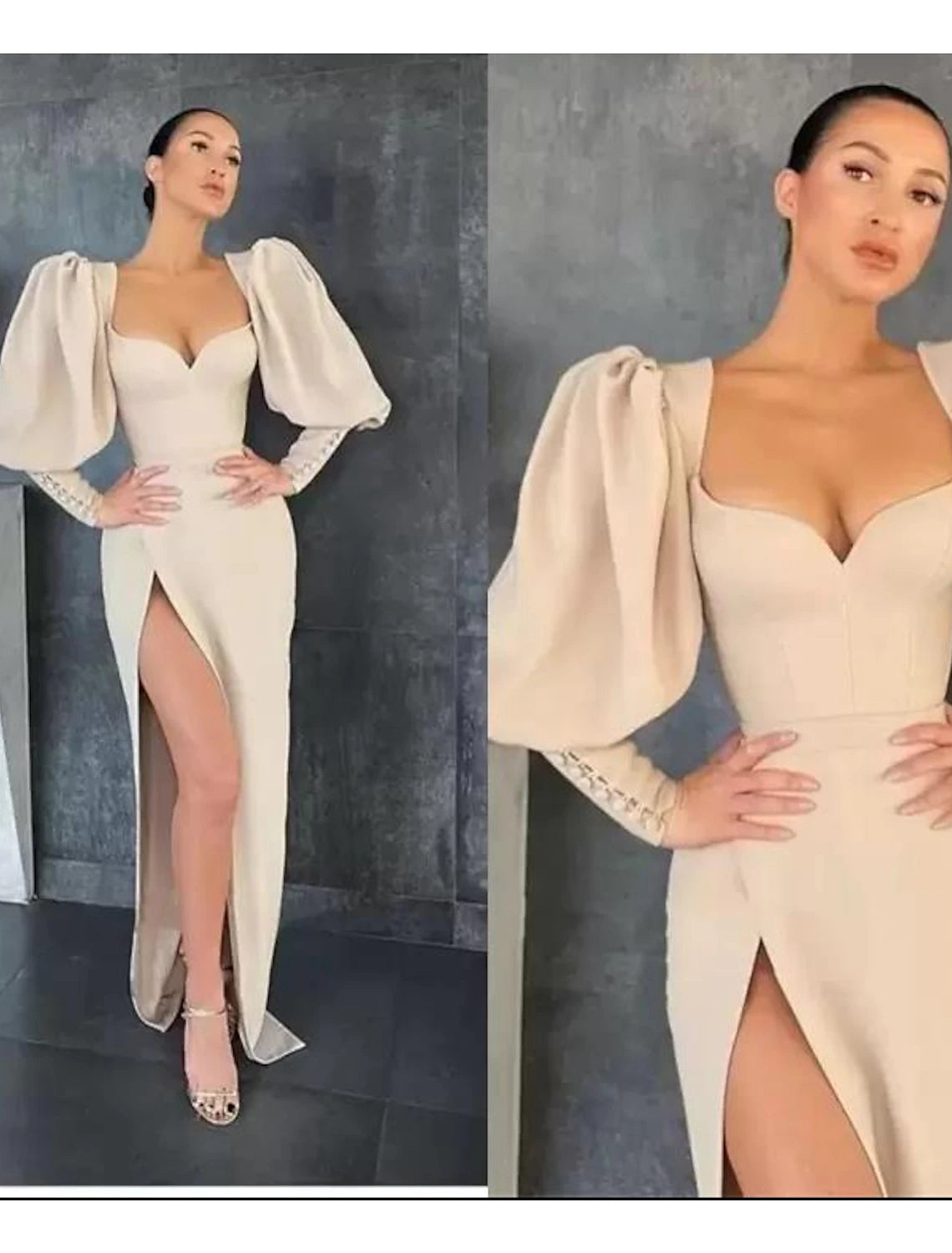 Meerjungfrau/Trompete Etuikleid/Säule Cocktailkleider Sexy Kleid Partykleidung Bodenlang Langarm Herzausschnitt Stretchstoff Leiterrücken mit Knöpfen Schlitz